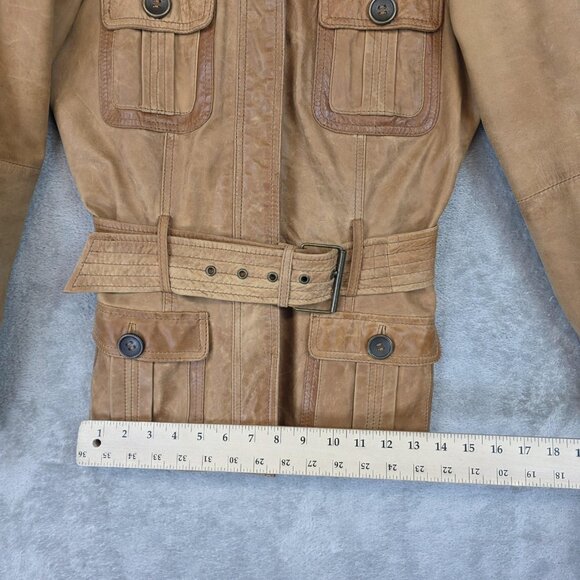 Zara Basic Jacket Womens Small Brown Leather Belted Safari Military Snap Pockets - Picture 13 of 13